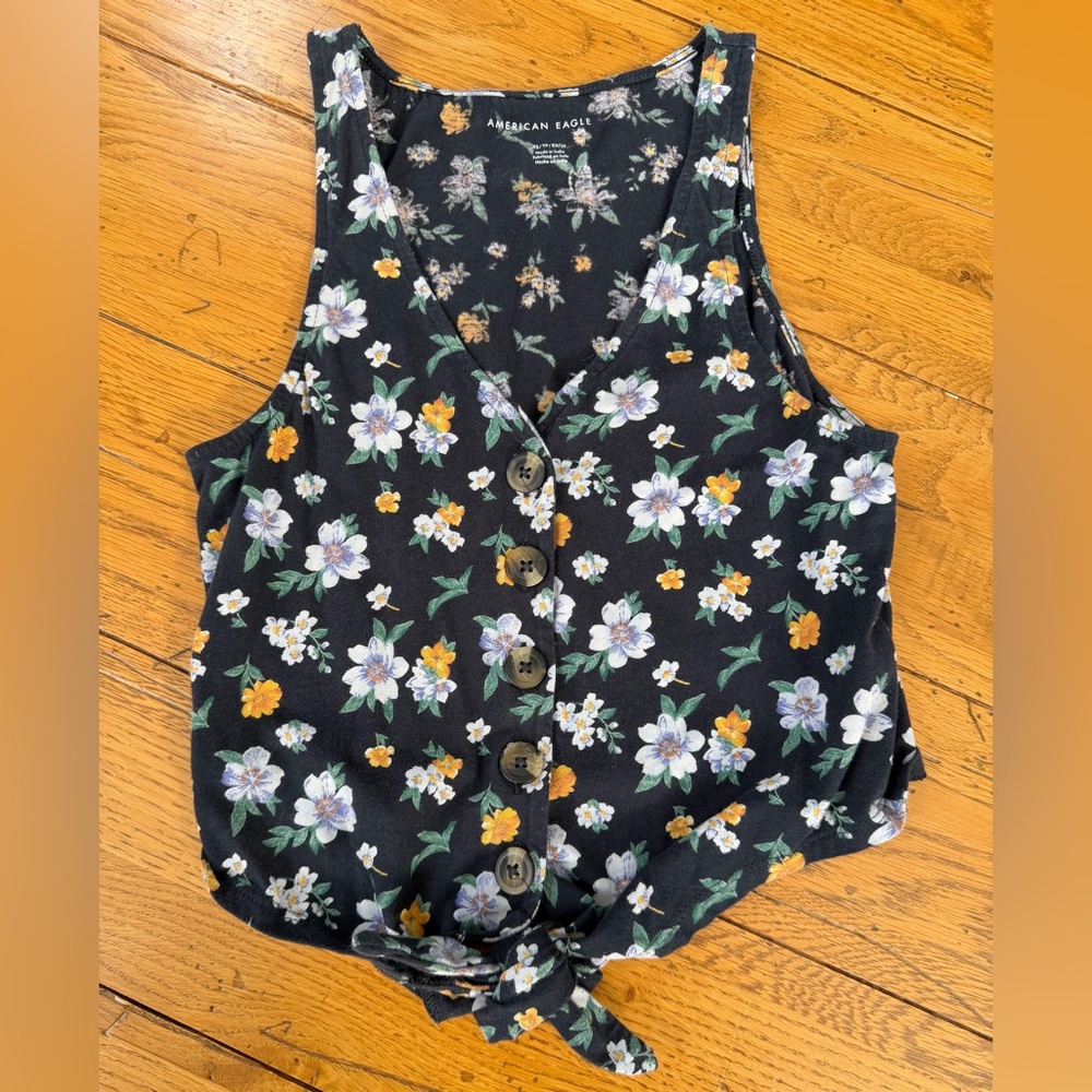 American Eagle Navy Floral Crop Tank Top sz.XS Ties
